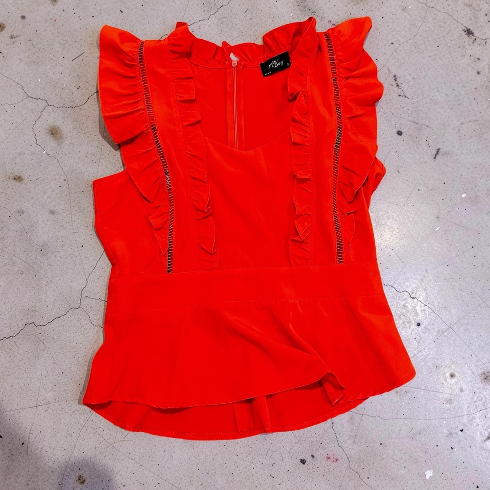 Milk & Honey Orange Red Ruffle Peplum Sleeveless Blouse Ladder Trim Medium